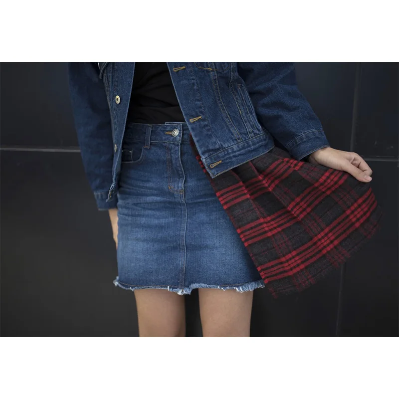 plaid and denim skirt
