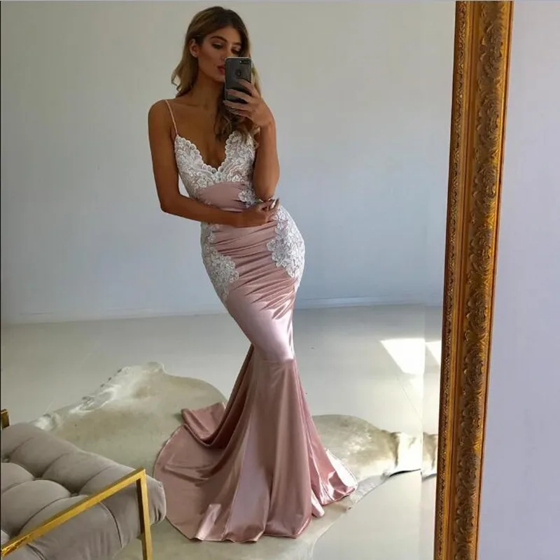 

2019 Mermaid Evening Party Dresses Long Sexy Spaghetti Straps Deep V-Neck Open Back Elastic Satin Vestido Longo Formal Prom Gown