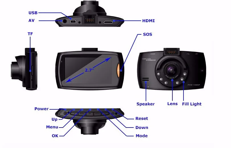 2,7 дюймов HD 1080 P Автомобильный Ночное видение видеорегистратор для автомобиля 2," на тонкопленочных транзисторах на тонкоплёночных транзисторах ЖК-дисплей аварии Камера G-sensor TF