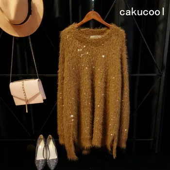 

Cakucool Winter Sequined Sweater Women Long Sleeve O-neck Jumper Dress Embellish Furry Slit Long Knit Pullover Sweaters Female