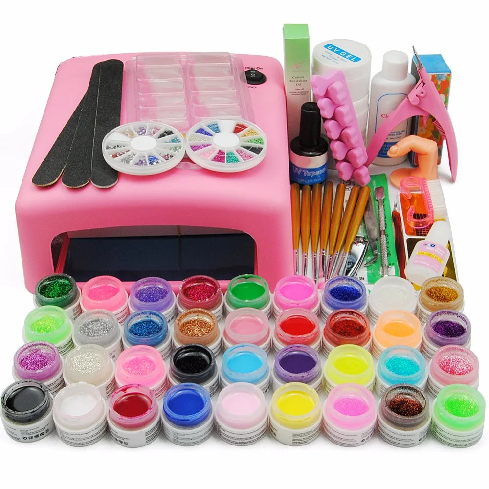 

Manicure Pedicure Tools Kit 36W UV Lamp For Nail 36pcs UV Gel Nail Polish Kit With Lamp Set Topcoat Cleanser Plus Nail Art Brush