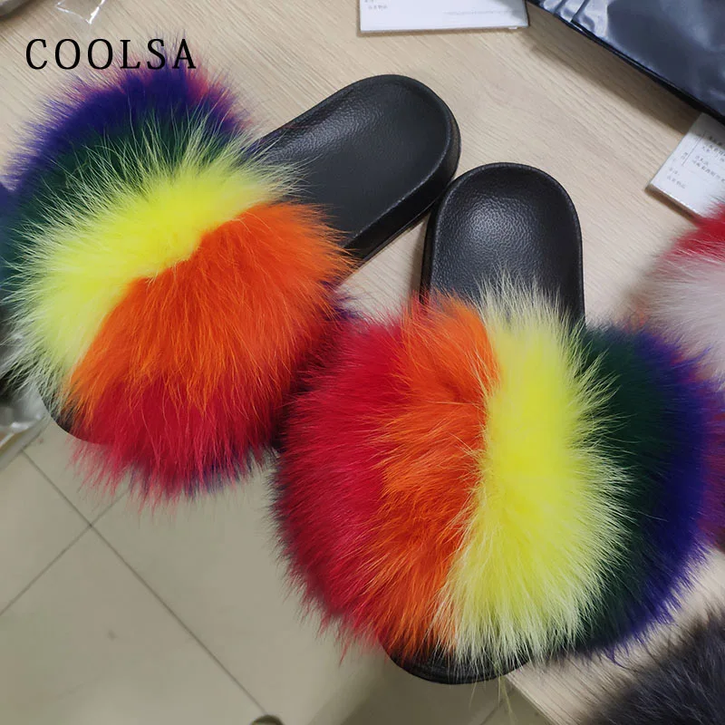 New Women Fur Slippers Fluffy Fox Fur 