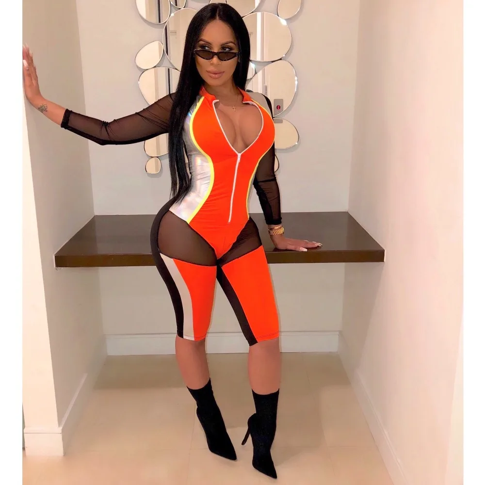 JRRY مثير خليط النساء Playsuits القطن شبكة لامعة بو الجلود حللا الياقة المدورة سحابات الجبهة أعلى الركبة طول داخلية