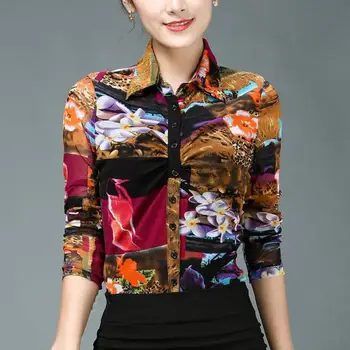 

Spring Autumn Casual Women Female Printed Leopard Pattern Full Sleeve Floral Mesh Blouse Shirt , Female Womens 3XL 4XL Blouses