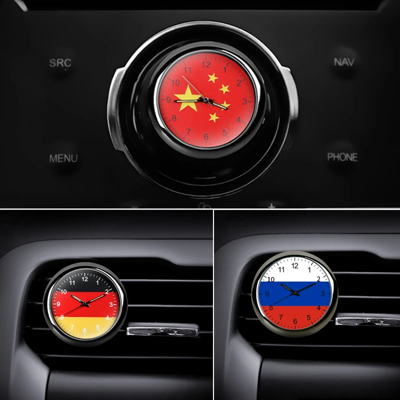 Luminous Car Clock Dashboard Air Outlet Automobile Ornament Russia Flag Quartz Digital Pointer Goods Watch Interior Accessories