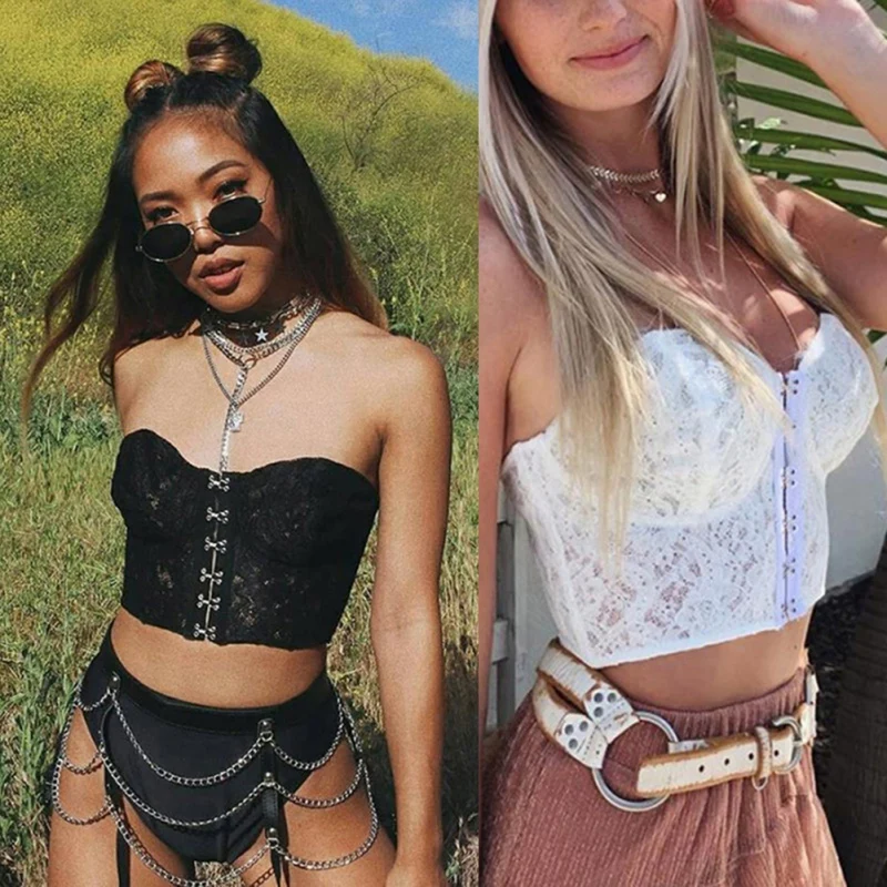 

2019 Summer Solid Sexy Tube Tops Women Casual Sleeveless Short Tank Tops Strapless Camis Crop Tops Femme Lace Hollow Out Tops