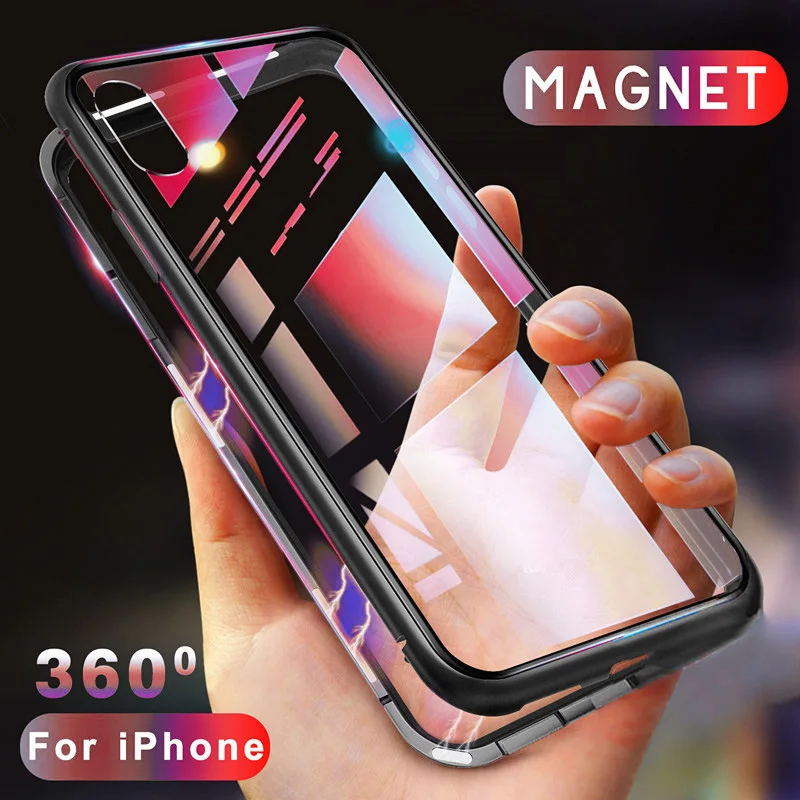 Metal Magnetic Case for iPhone X 7 8 XS MAX XR 6 Metal Bumper+ Back Tempered Glass Cover for Samsung S10 Plus S9 S8 Note 9 8