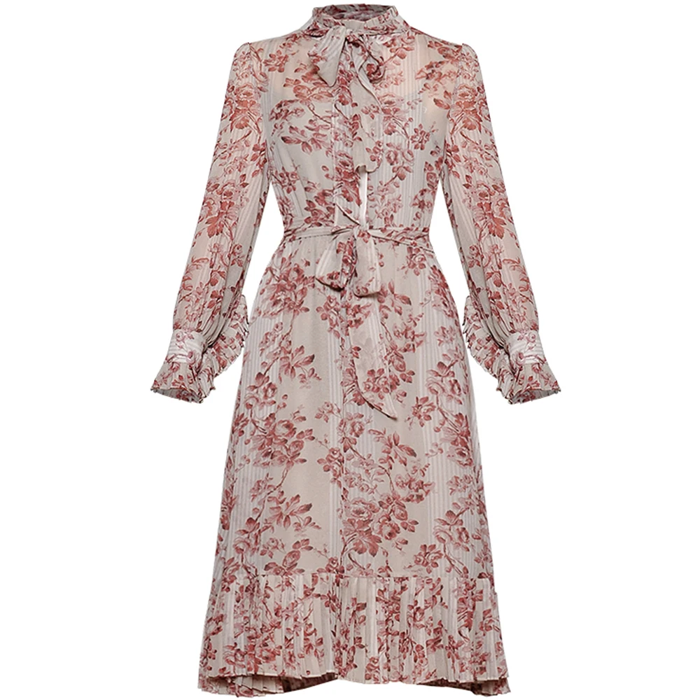 

Red RoosaRosee Runway Designer High Quality Women's Summer Long Sleeve Elastic Waist Bow Collar Midi Dresses 2019 Vestidos Robe