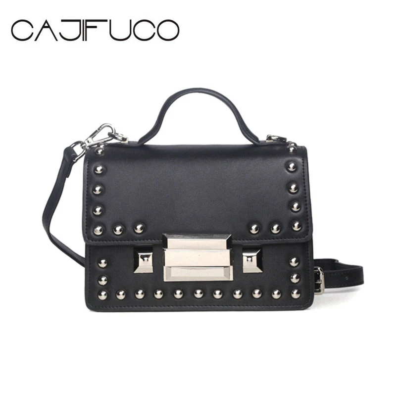 

CAJIFUCO Genuine Leather Studs Satchels Bag Spike School Bag Women Studded Cross Body Bag Metal Rivet Hasp Handbag Sac a Main