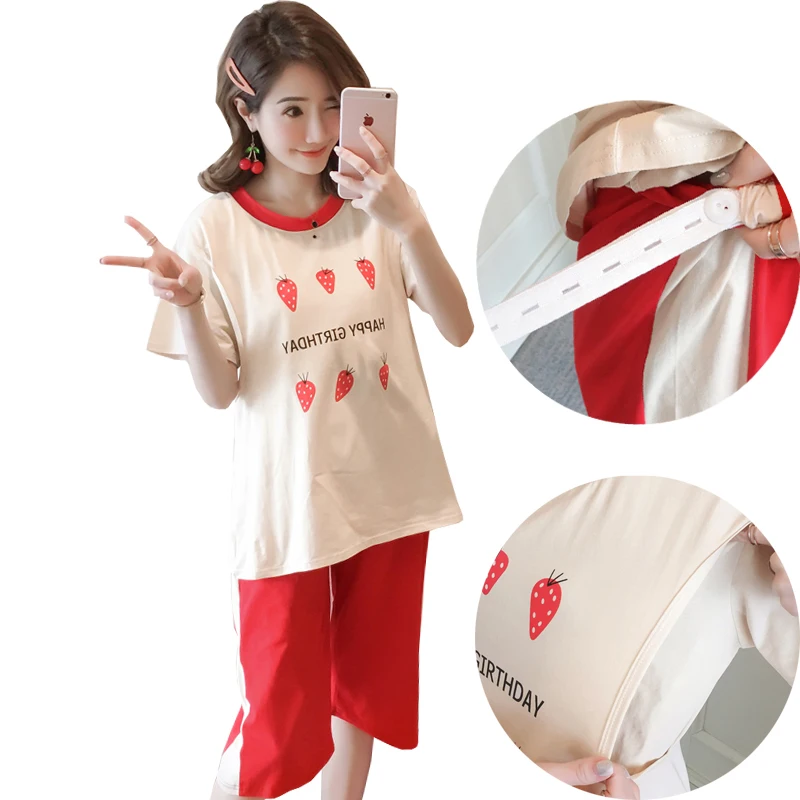

New Maternity Suit For Summer Breastfeeding T shirt Strawberry Print Short Sleeve Home Clothing Postpartum Pregnant Women