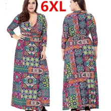 Plus la Taille 6XL Longue Maxi Femmes Automne Robes Imprimé Fleur bohème Lâche Robe Robe Femme Robes Verano Grande Taille 6XL femmes