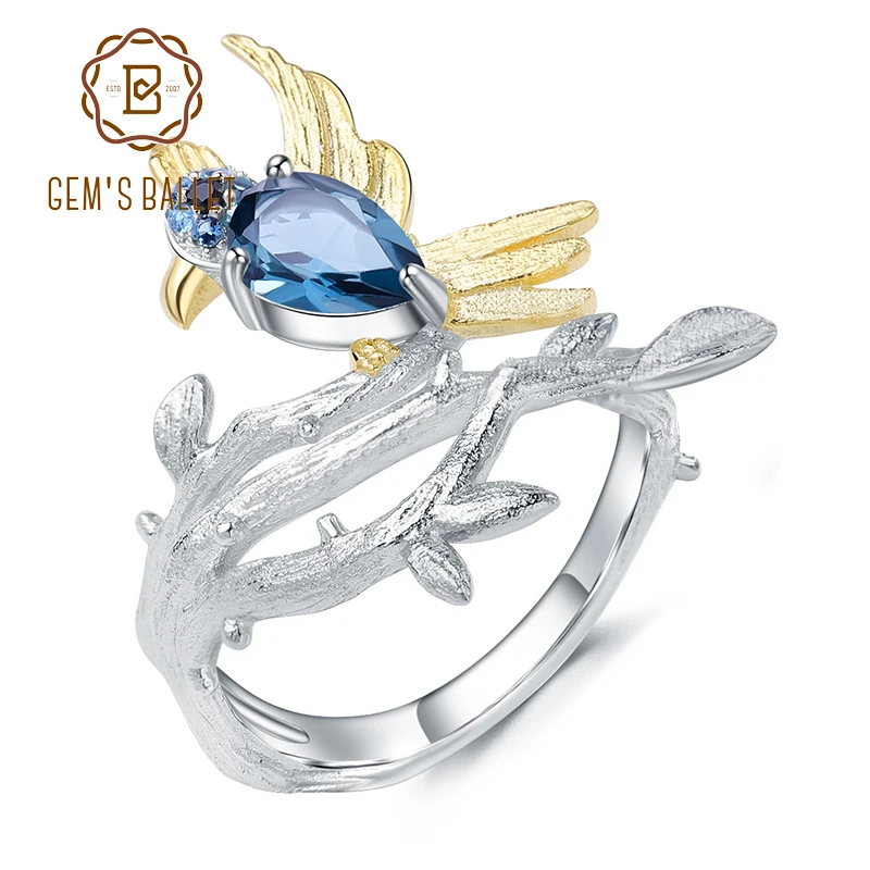 GEM'S BALLET 0.84Ct Natural London Blue Topaz Gemstone Rings 925 Sterling Silver Handmade Bird on Branch Ring for Women Bijoux GEM'S BALLET 0.84Ct Natural London Blue Topaz Gemstone Rings 925 Sterling Silver Handmade Bird on Branch Ring for Women Bijoux