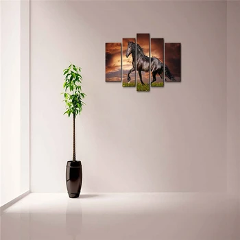 

5 Panel Wall Art Black Running Horse Trot Field Sunset Grass And Flower Painting Print Canvas Animal Picture For Home Decor