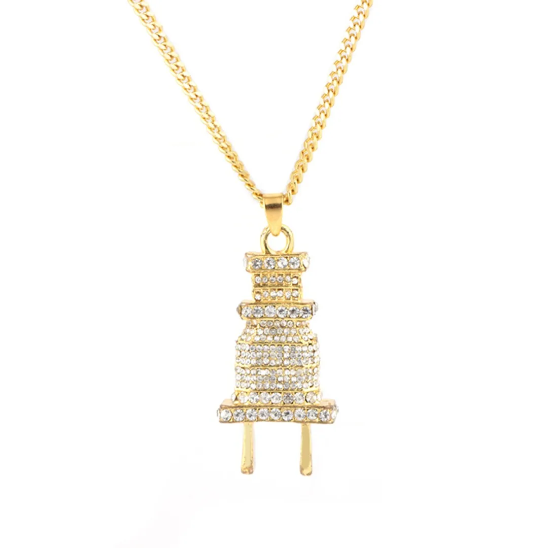 Shellhard Silver Gold Plug Shape Pendant Necklace Men Women Hip Hop Charm Chain collares Iced Out Crystal Jewelry