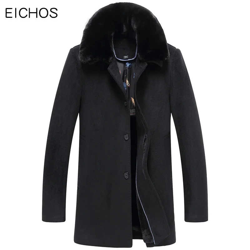 

EICHOS Winter Mans Wool Blends Coat Warm Velvet Fur Collar Long Styel Overcoat Men Slim Fit Business Casual Male Pea Coat W7007