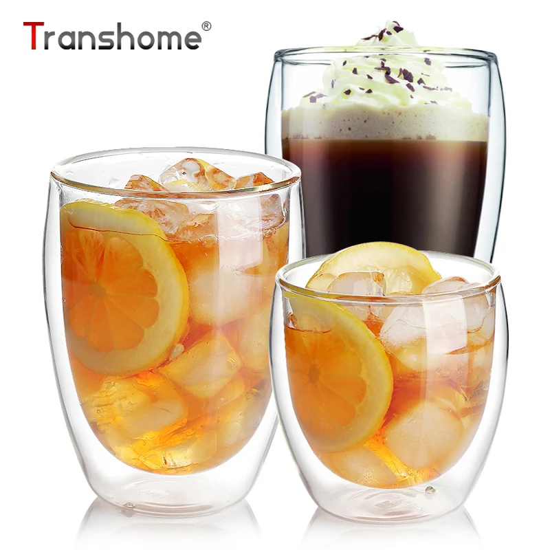 

Transhome Double Glass Coffee Cups 350ml Vodka Wine Double Walled Glasses Cups Clear Handmade Coffee Cup For Flower Juice Water