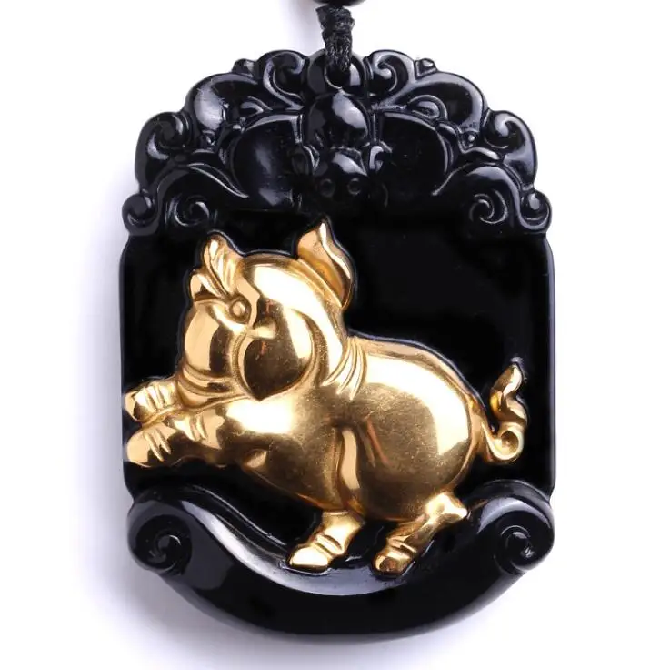 

Beautiful Natural Black Obsidian Carved Gold Color Chinese Zodiac Pig Boar Lucky Amulet Pendant + free Necklace fashion Jewelry