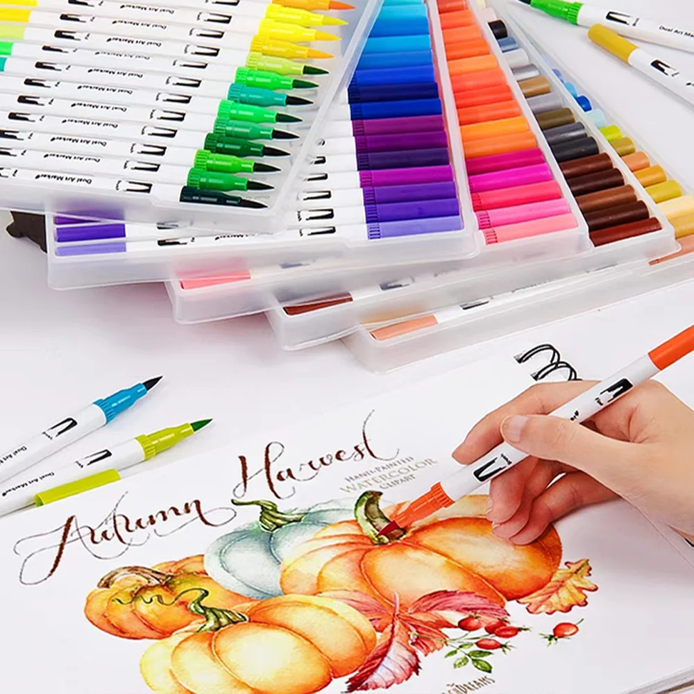 Dual Brush Liner Art Markers Pen 12182436486072100 Colors Fine Tip Drawing Watercolor Marker Painting Set School Supplies1