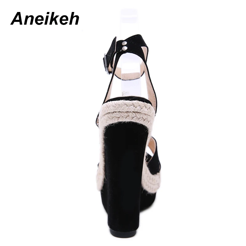 Женские босоножки из флока Aneikeh черные свадебные туфли лодочки на танкетке с