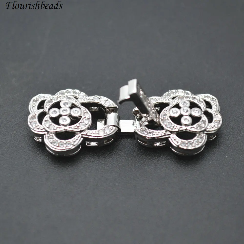 

13x32mm Double Flower Plum Blossom Shape Paved CZ Beads Necklace Clasps Fit Necklace Making Jewelry Findings 10pc Per Lot