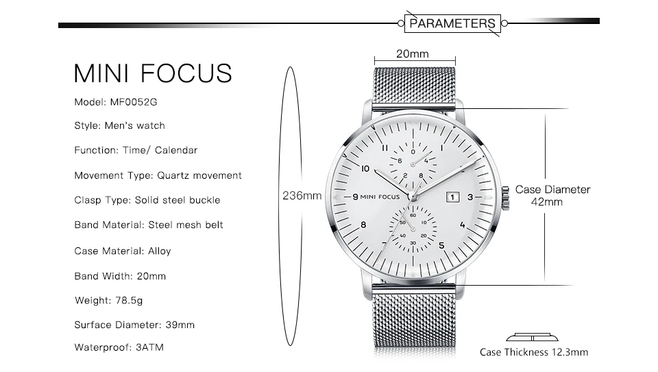 Мини фокус мужские часы Серебряные часы me люксовый бренд водонепроницаемые сетчатые стальные деловые кварцевые наручные часы relogio masculino