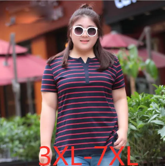 

2019 summer new plus size women loose 100% cotton stripe short sleeve top T shirt wowan large size tops T-shirts 4XL 5XL 6XL 7XL