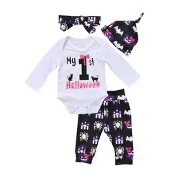 4 шт. Детские комплекты хлопковой одежды для новорожденных комбинезон с принтом + Брюки для девочек + шляпа Кепки + повязка Хэллоуин