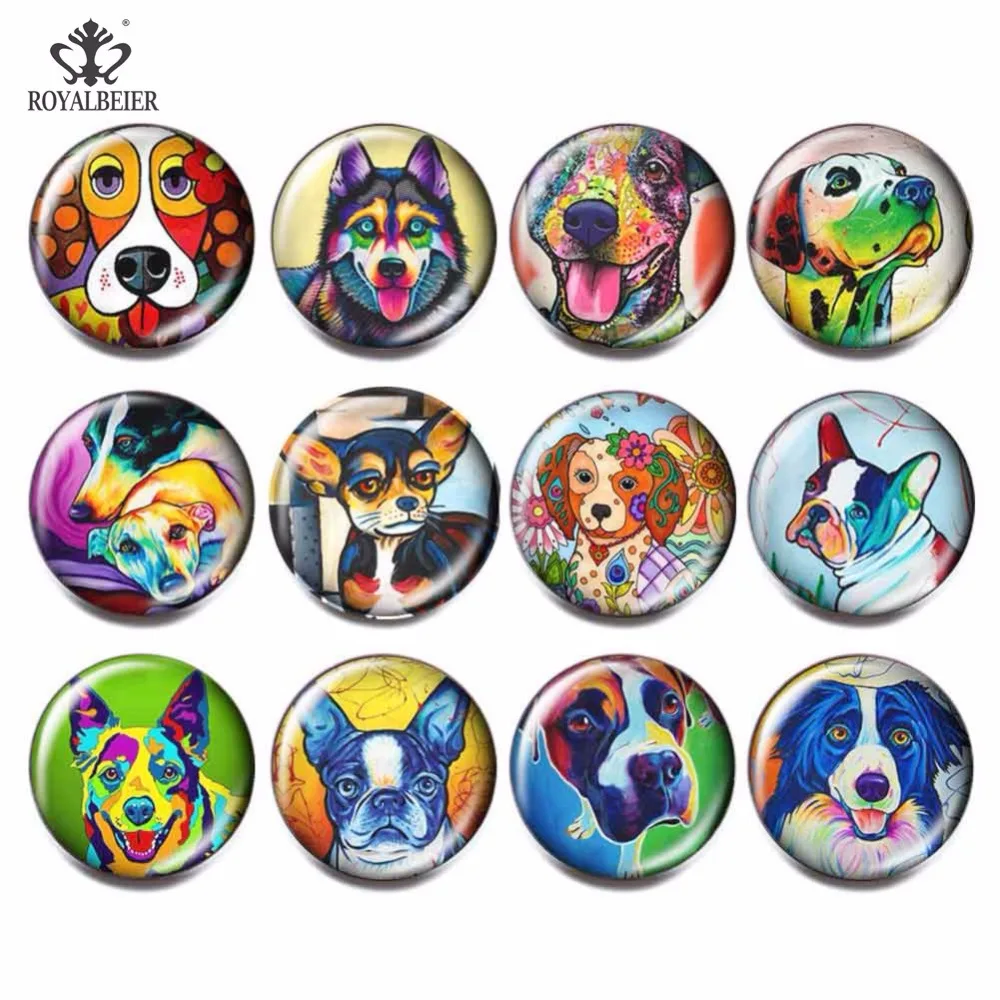 

12pcs/lot Mix Cute Dog Cartoon Pattern Glass Beads Charm 18mm Snap Button DIY Charm Bead For Bracelets Jewelry Making KG0027