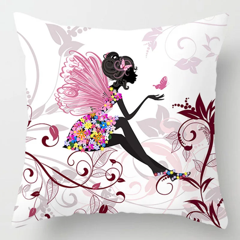 Розовая Цветочная подушка "Фея" Чехол, полиэстер, любовь, домашние подушки, мягкая декоративная наволочка для дивана, стула, наволочки - Цвет: 1