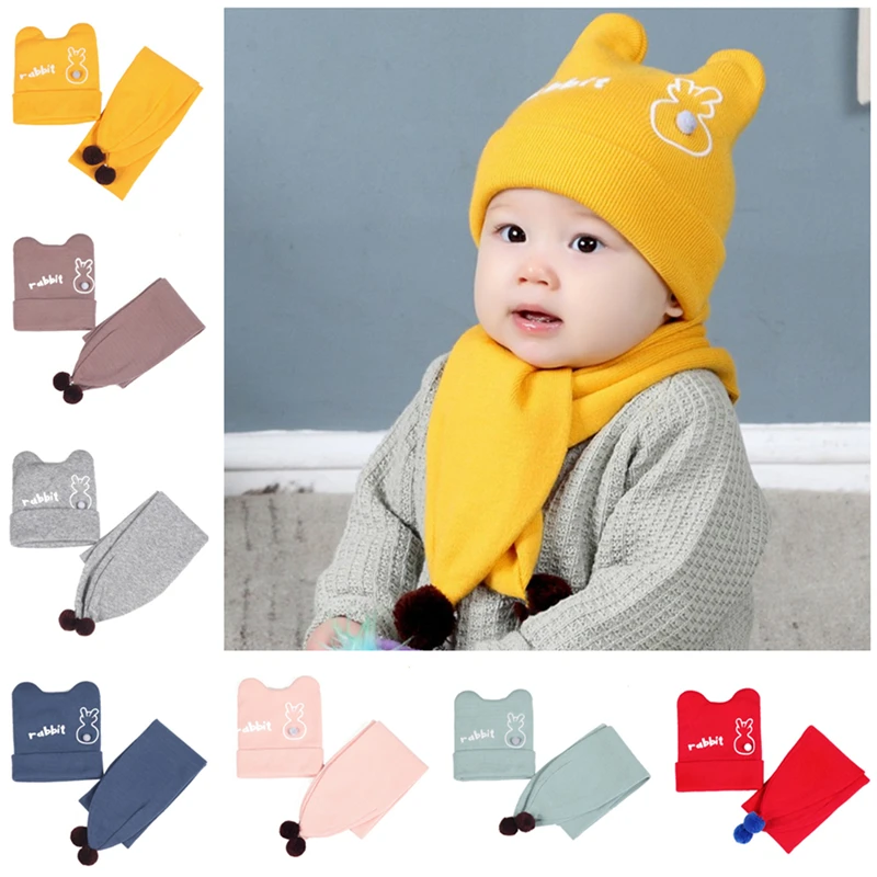 

2018 New Baby Boys and Girls Hat Newborn Baby Cotton cartoon Caps Hats For Baby Kids Beanies Cap with scarf 2Pcs