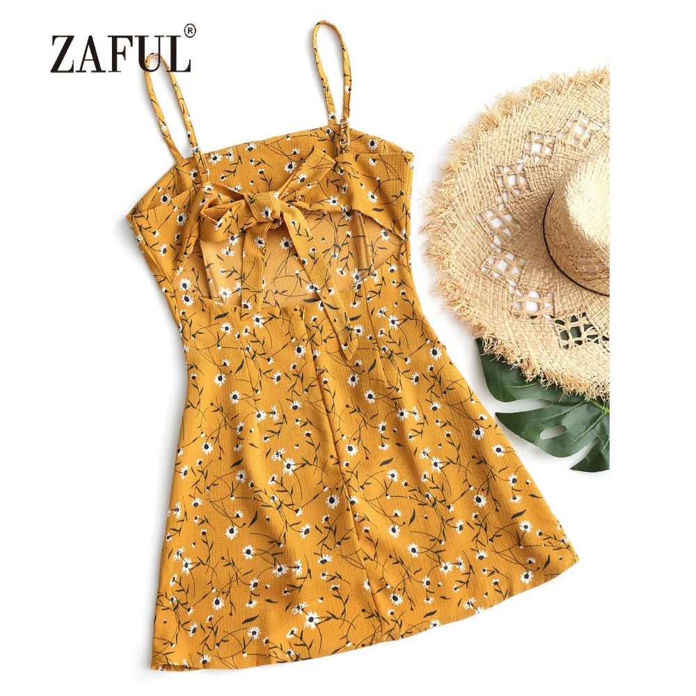 

ZAFUL Beach Dress Bowknot Cut Out Tiered Mini Beach Cover Ups Spaghetti Strap Hollow Out Summer Bow Tied Layered One Piece Suit