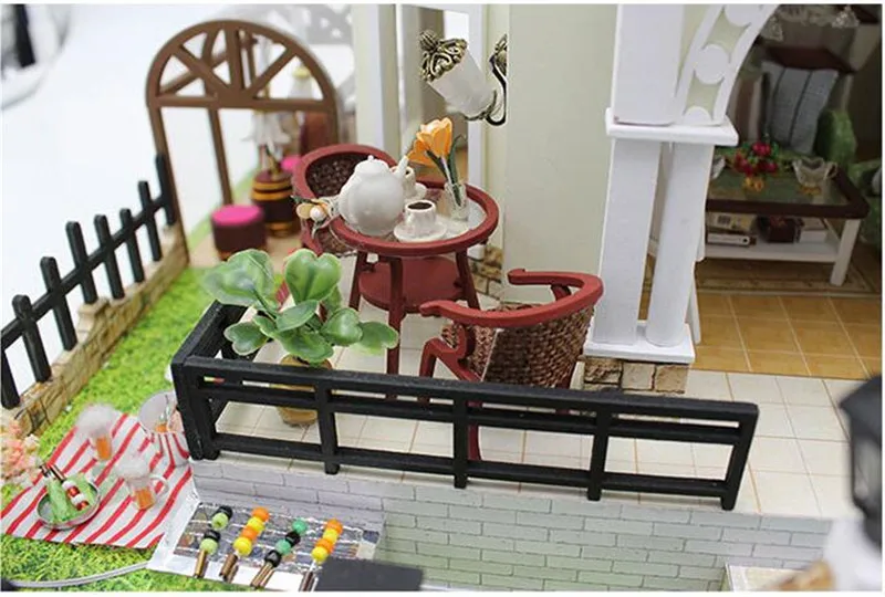 Миниатюрный садовый бассейн вилла Ремесленная модель деревянный кукольный домик мебель с светодиодный светильник DIY Кукольный дом головоломка игрушка Рождественский подарок на день рождения