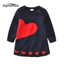 99% Хлопковое трикотажное Повседневное платье трапециевидной формы с вышивкой в виде сердечек, платье принцессы с круглым вырезом, детская одежда, платья для девочек, От 3 до 6 лет