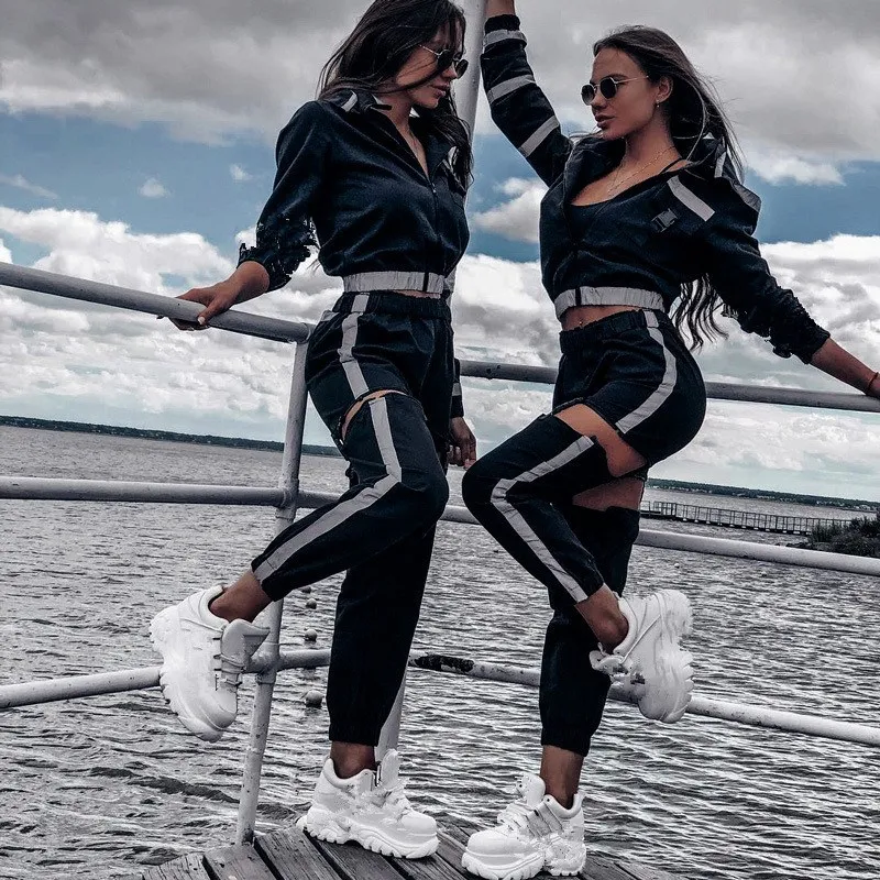 

New Sexy Buckle Hollow Out Harem Pants Fashion Reflective Striped Women Sweatpants Streetwear Black Joggers Trousers