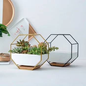 

Geometric Metal Iron Rack White Ceramic Planter Pot Octagonal Geometric Wall Hanging Ceramic Flower Pot Bamboo Tray Iron Frame