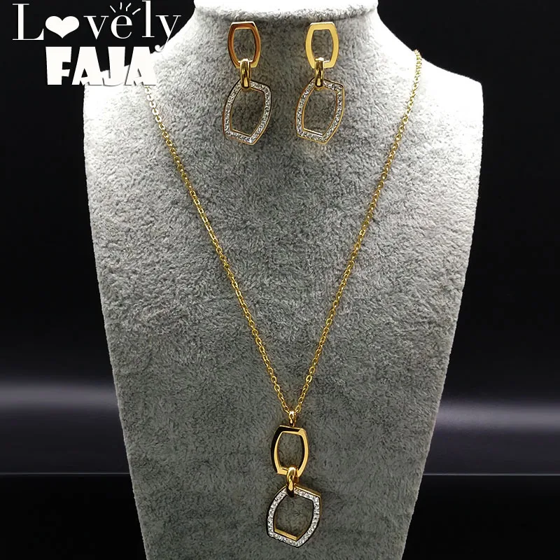 

Geometry Crystal Necklace Earings Set Women Gold Color Stainless Steel Set Jewelry conjunto pendientes y collar mujer S178450