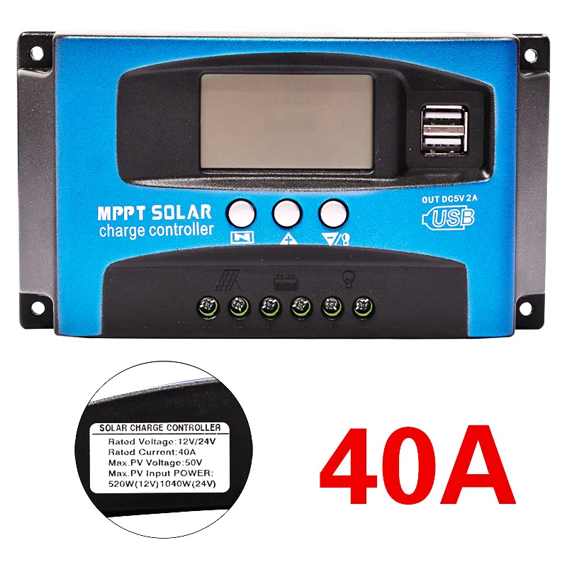 30/40/50/60/100A MPPT Контроллер заряда для фотоэлектрических систем, два USB выхода, ЖК-дисплей Дисплей 12V 24V Авто Солнечная батарея для телефона регулятор зарядного устройства с нагрузкой