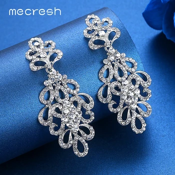 

Mecresh Silver Color Crystal Clip On Earrings Women Accessories Flower Bridal Bridesmaid Hanging Earrings Wedding Jewelry EH177