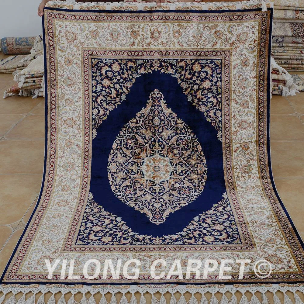 

Yilong 4.6'x6.6' Tabriz silk carpet blue handmade exquisite hand knotted persian silk rug (1788)