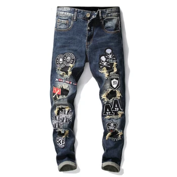 

men's leisure straight patchwork ripped jeans for men skull embroidery slim fit denim jean homme modis full length pants hombre
