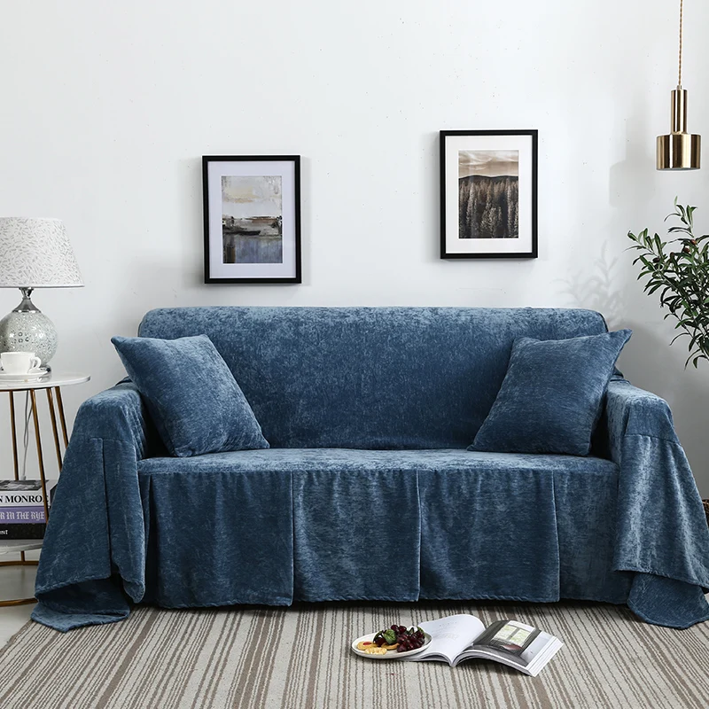 

European plush slipcover blue color All inclusive single double three seat sofacover non-slip sofa towel soft sofa cushion