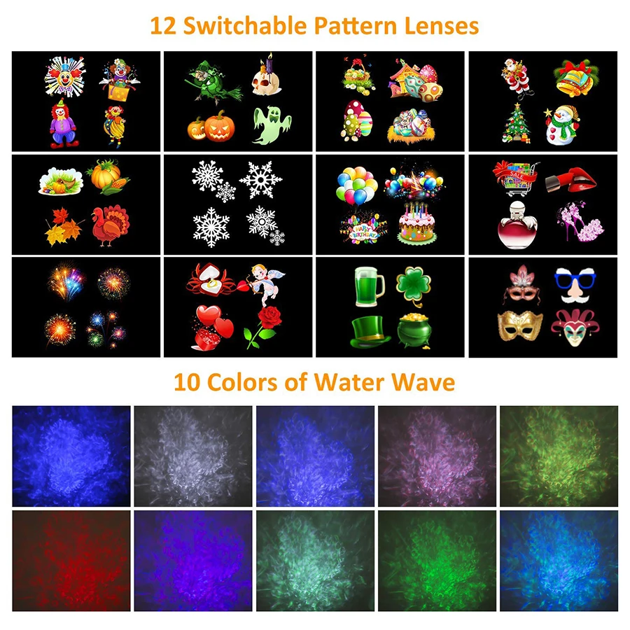 Водная волна Хэллоуин Рождество лампы проектора 2-в-1 перемещение 12 моделей светодиодный двойной проектор водонепроницаемый садовый светильник сценический эффект лампа