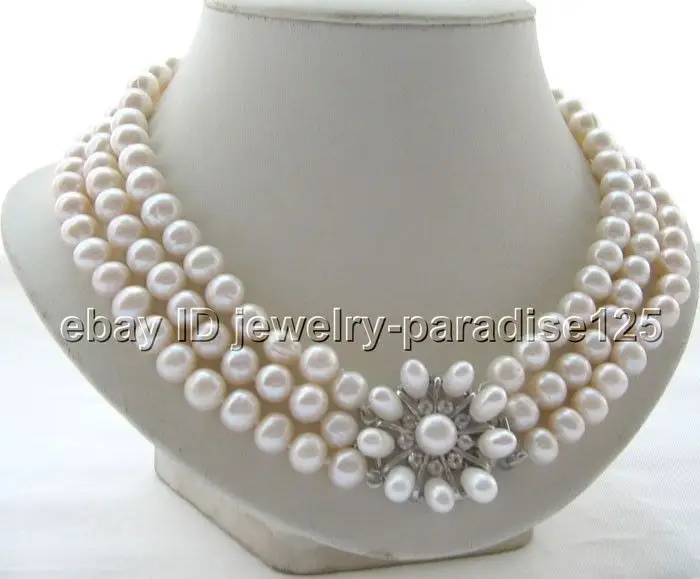 

FREE SHIPPING HOT sell new Style >>>> 17-19" 3row 10mm natural white round freshwater pearl necklace