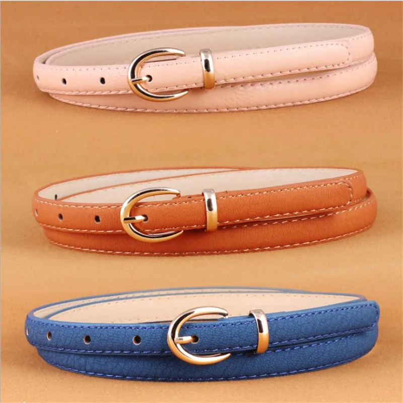 

2018 New Design Gold Buckle Skinny Belt Waistband Women Black Red White Faux Pu Leather Thin Narrow Waist Belts