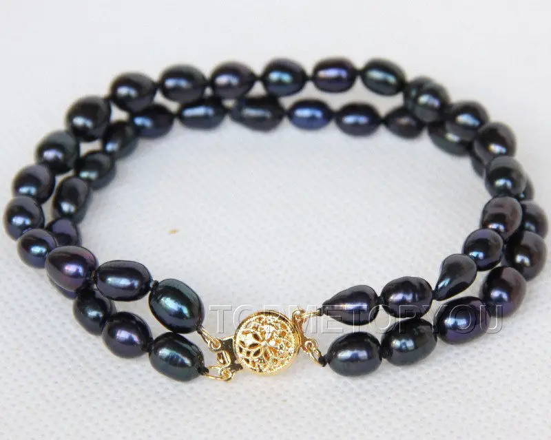 

FREE SHIPPING HOT sell new Style >>>>8" 2row 9mm rice black freshwater pearls bracelet E2631