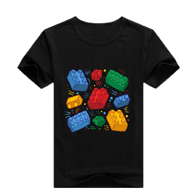 ZSIIBO/черная футболка для мальчиков со строительным блочным принтом костюм для девочек Лето, детские топы с рисунками, детская одежда, CX6L143 - Цвет: Hei