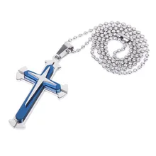 

Goth Unisex 3-layer Stainless Steel Silver Blue Cross Crucifix Pendant Chain