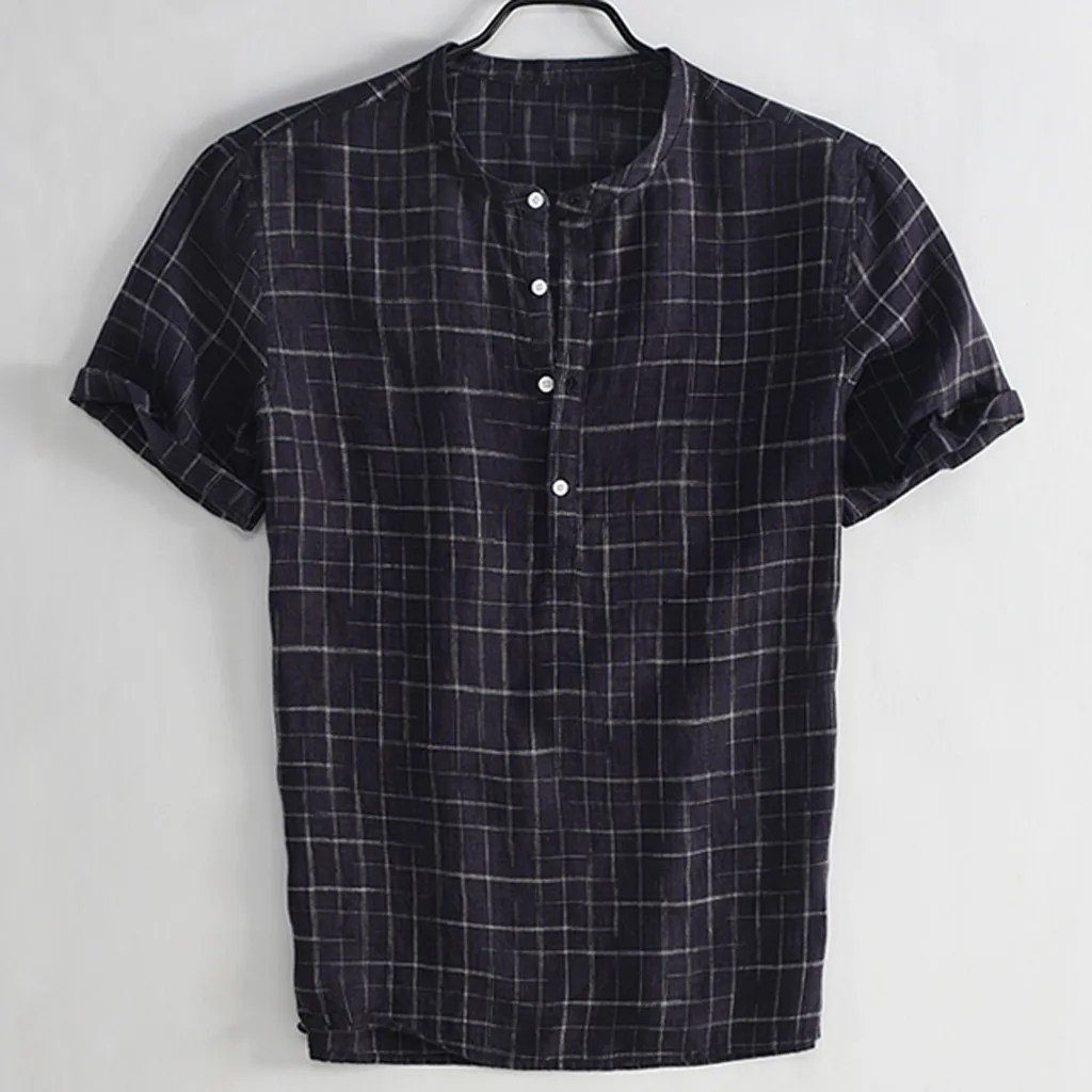 Повседневная мужская рубашка, уличная винтажная рубашка с коротким рукавом, с пуговицами, льняная, однотонная, Ретро стиль, мужская блузка, топы, Camisa masculina - Цвет: Black