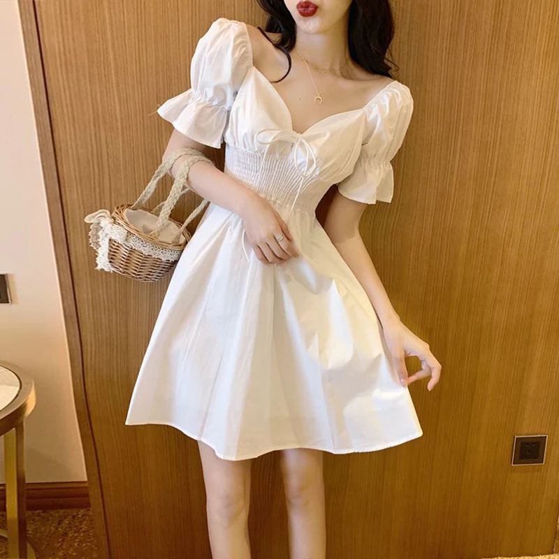 

Immortal French Minority Dress Female 2019 Temperament Slim Short Sleeve Closed Waist Platycodon Tide