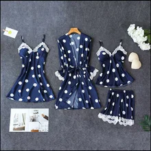 Синий женский комплект из 4 предметов: топ на бретелях и штаны Пижама комплекты одежды для сна Весенняя домашняя ночная рубашка соблазнительное кимоно Халат